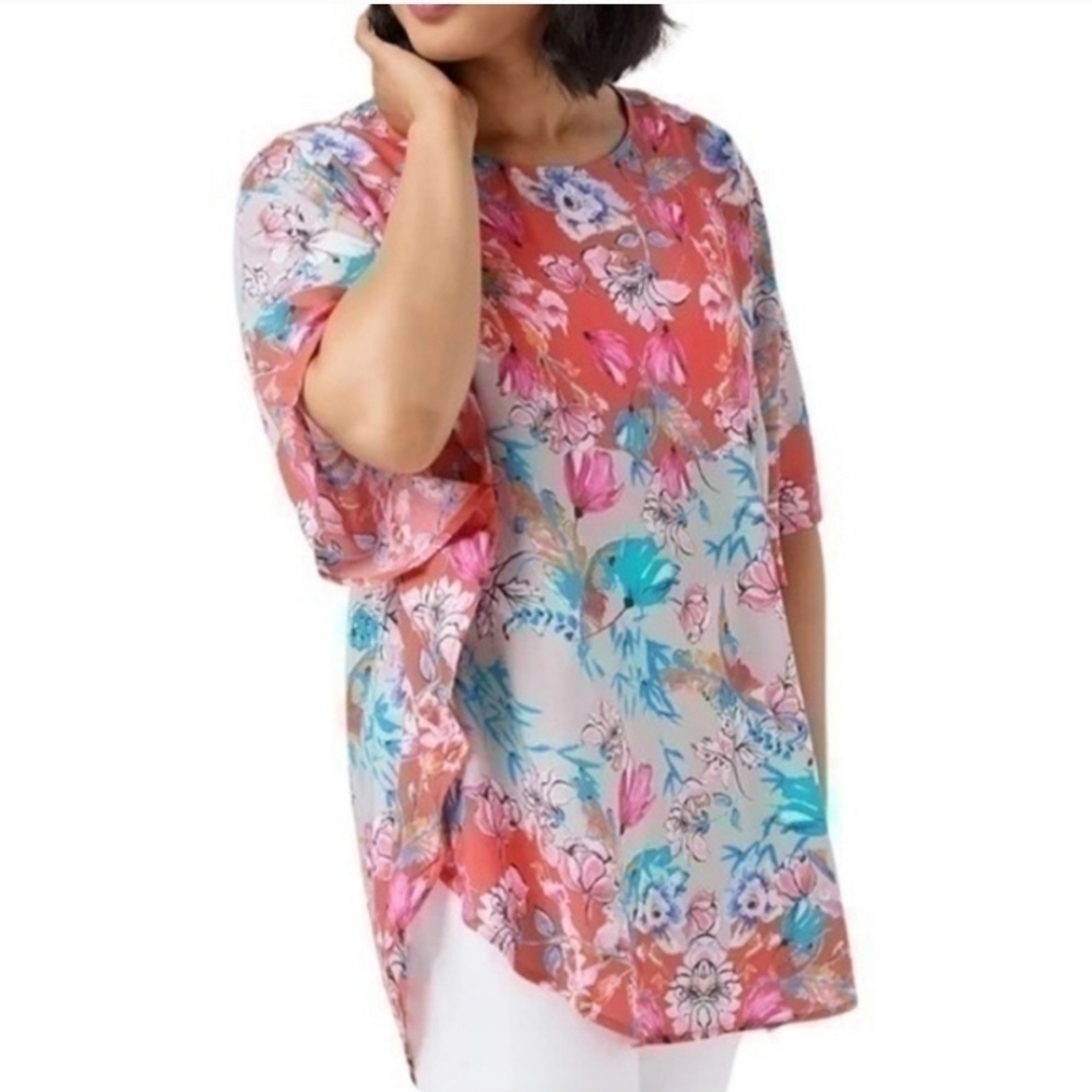 Tolani Collection Narissa Boho Poppy Floral Print Caftan Top Poncho XL Flawed